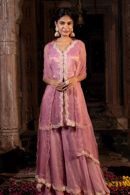 Shop_Farha Syed_Pink Chanderi Silk, Organza, Taffeta Cut Work, Scallop Border Peplum Kurta Set _Online_at_Aza_Fashions