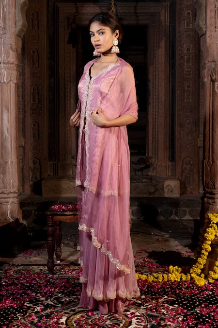 Farha Syed_Pink Chanderi Silk, Organza, Taffeta Cut Work, Scallop Border Peplum Kurta Set _at_Aza_Fashions