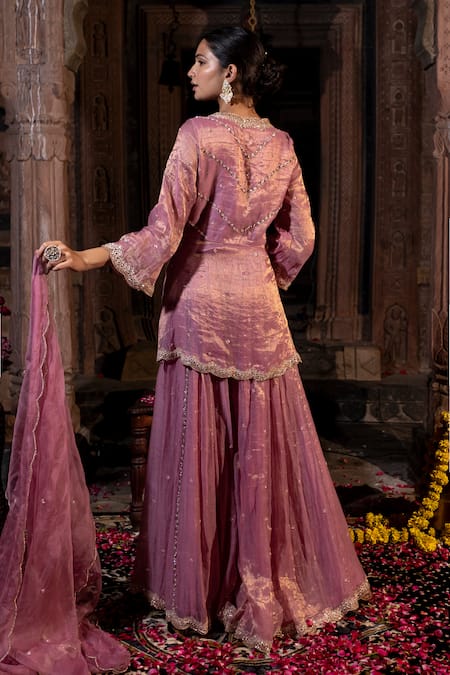 Shop_Farha Syed_Pink Chanderi Silk, Organza, Taffeta Cut Work, Zardozi Embroidered Kurta Set _at_Aza_Fashions