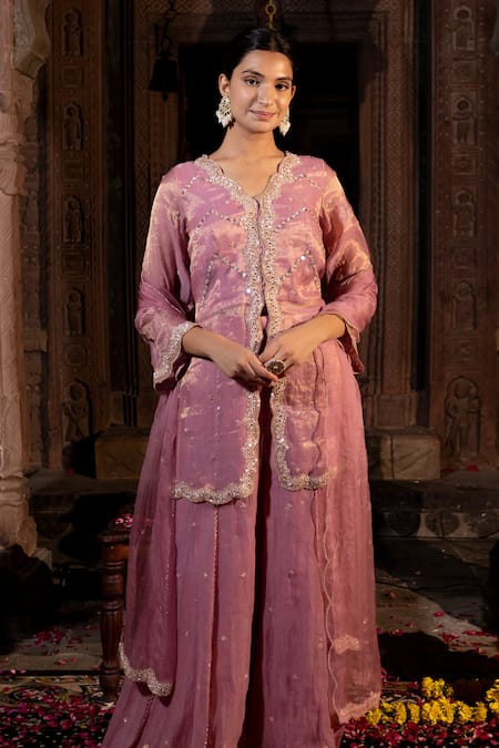 Farha Syed Pink Chanderi Silk, Organza, Taffeta Cut Work, Zardozi Embroidered Kurta Set Online at Aza Fashions Farha Syed_Pink Chanderi Silk, Organza, Taffeta Cut Work, Zardozi Embroidered Kurta Set _Online_at_Aza_Fashions