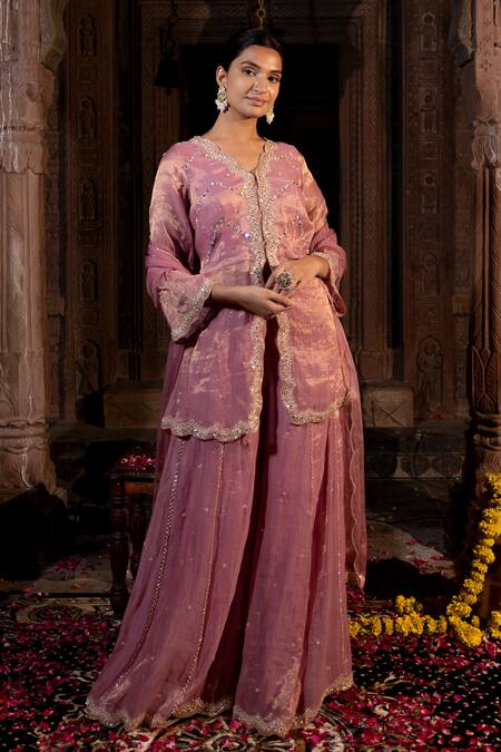 Buy_Farha Syed_Pink Chanderi Silk, Organza, Taffeta Cut Work, Zardozi Embroidered Kurta Set _Online_at_Aza_Fashions