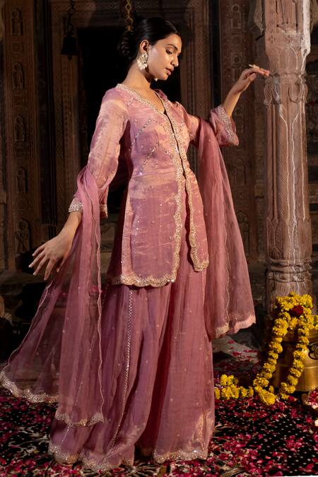 Shop_Farha Syed_Pink Chanderi Silk, Organza, Taffeta Cut Work, Zardozi Embroidered Kurta Set _Online_at_Aza_Fashions