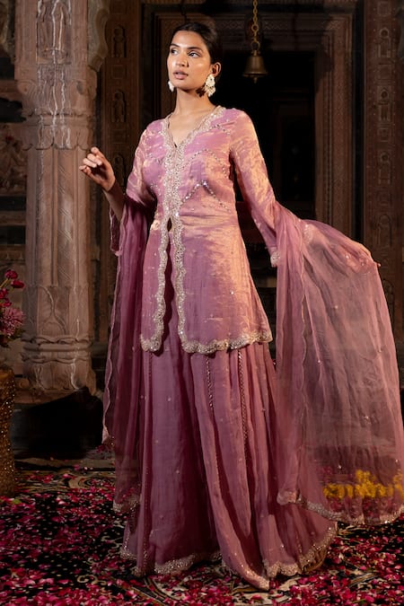 Farha Syed_Pink Chanderi Silk, Organza, Taffeta Cut Work, Zardozi Embroidered Kurta Set _at_Aza_Fashions