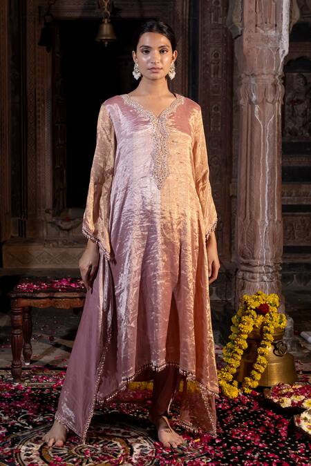 Farha Syed_Pink Chanderi, Satin, Taffeta, Silk Zardozi Embroidered Kaftan And Dhoti Pant Set _Online_at_Aza_Fashions