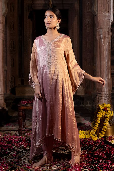 Buy_Farha Syed_Pink Chanderi, Satin, Taffeta, Silk Zardozi Embroidered Kaftan And Dhoti Pant Set _Online_at_Aza_Fashions