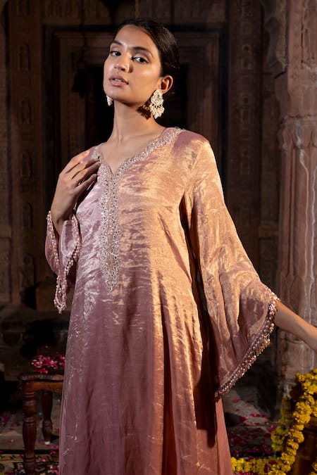 Shop_Farha Syed_Pink Chanderi, Satin, Taffeta, Silk Zardozi Embroidered Kaftan And Dhoti Pant Set _Online_at_Aza_Fashions