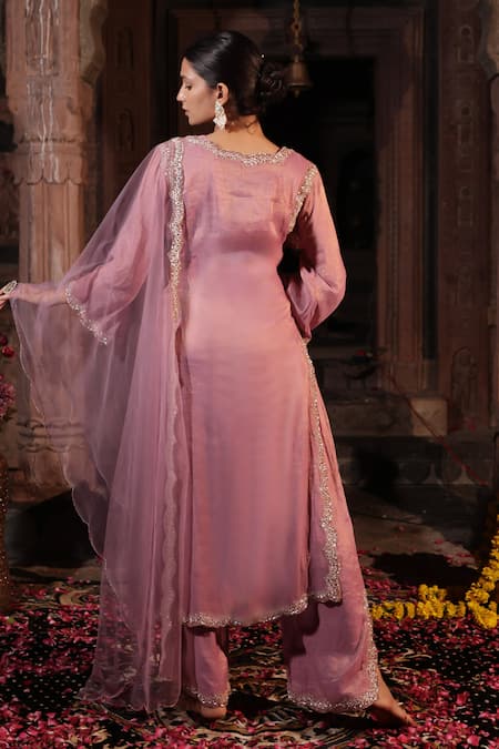 Shop_Farha Syed_Pink Chanderi Silk, Tulle Cut Work, Zari, Pearl Neckline Embroidered Kurta Set _at_Aza_Fashions