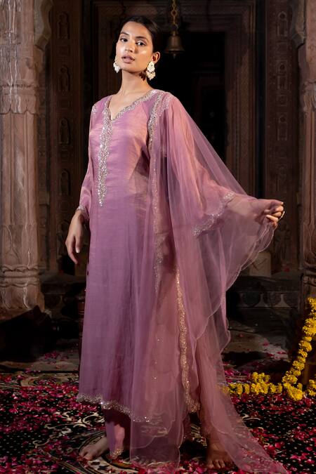 Buy Farha Syed Pink Chanderi Silk, Tulle Cut Work, Zari, Pearl Neckline Embroidered Kurta Set Online at Aza Fashions Buy_Farha Syed_Pink Chanderi Silk, Tulle Cut Work, Zari, Pearl Neckline Embroidered Kurta Set _Online_at_Aza_Fashions