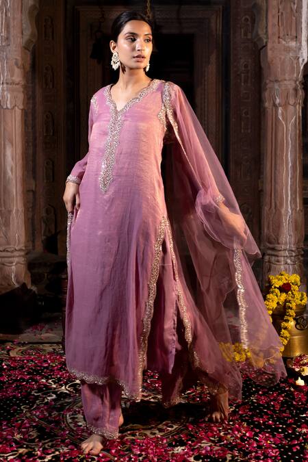Shop_Farha Syed_Pink Chanderi Silk, Tulle Cut Work, Zari, Pearl Neckline Embroidered Kurta Set _Online_at_Aza_Fashions