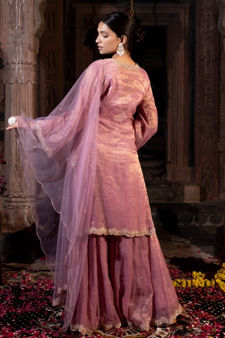 Shop_Farha Syed_Pink Chanderi Silk, Tulle, Zardozi Placement Embroidered Kurta Sharara Set _at_Aza_Fashions