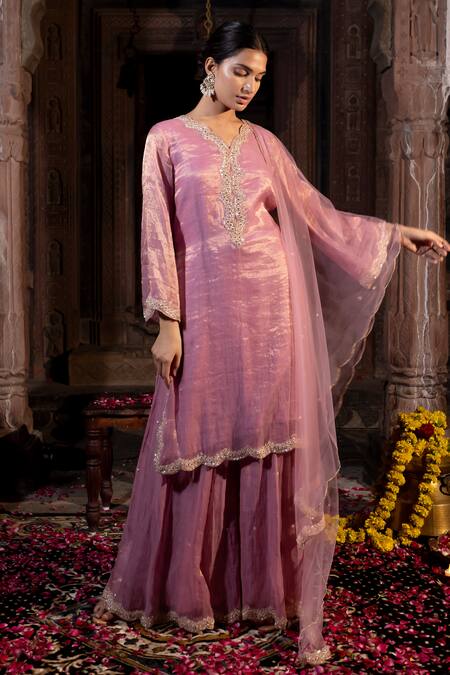 Farha Syed_Pink Chanderi Silk, Tulle, Zardozi Placement Embroidered Kurta Sharara Set _Online_at_Aza_Fashions