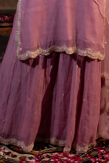 Buy_Farha Syed_Pink Chanderi Silk, Tulle, Zardozi Placement Embroidered Kurta Sharara Set _Online_at_Aza_Fashions