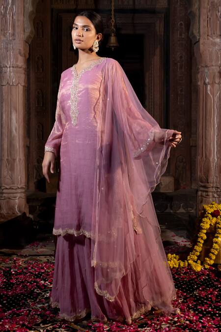 Shop_Farha Syed_Pink Chanderi Silk, Tulle, Zardozi Placement Embroidered Kurta Sharara Set _Online_at_Aza_Fashions