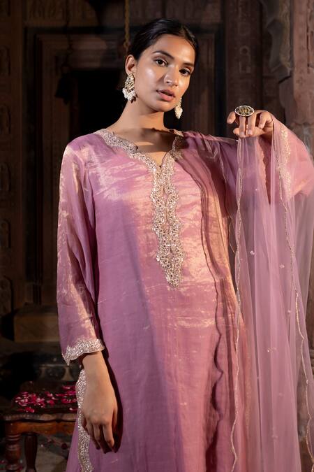 Farha Syed_Pink Chanderi Silk, Tulle, Zardozi Placement Embroidered Kurta Sharara Set _at_Aza_Fashions