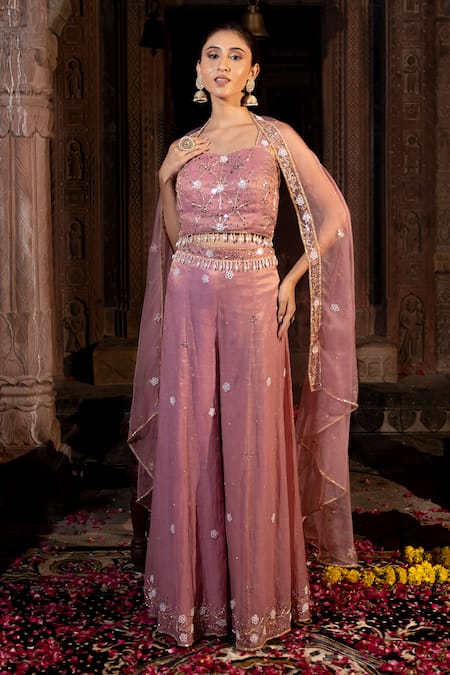 Shop_Farha Syed_Pink Chanderi Silk, Organza, Taffeta Zari, Border Embroidered Cape Sharara Set _at_Aza_Fashions