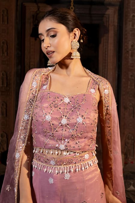Farha Syed_Pink Chanderi Silk, Organza, Taffeta Zari, Border Embroidered Cape Sharara Set _Online_at_Aza_Fashions