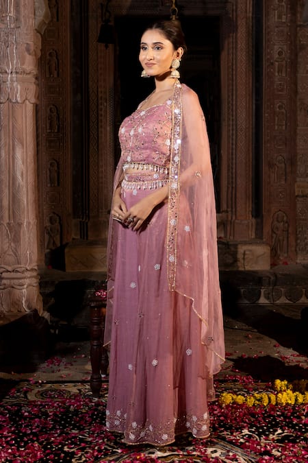 Buy_Farha Syed_Pink Chanderi Silk, Organza, Taffeta Zari, Border Embroidered Cape Sharara Set _Online_at_Aza_Fashions