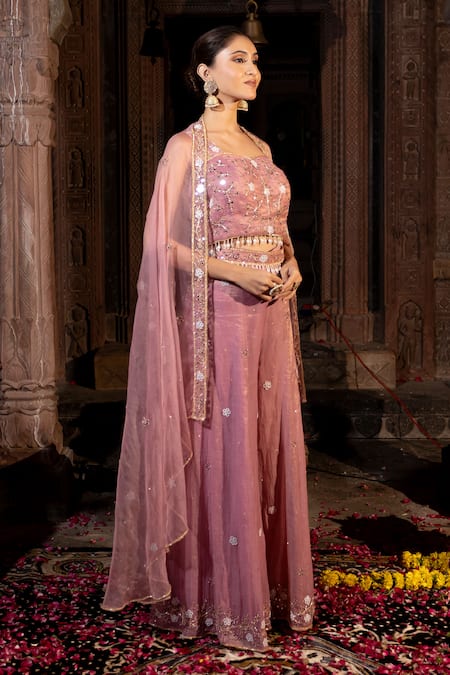 Shop_Farha Syed_Pink Chanderi Silk, Organza, Taffeta Zari, Border Embroidered Cape Sharara Set _Online_at_Aza_Fashions