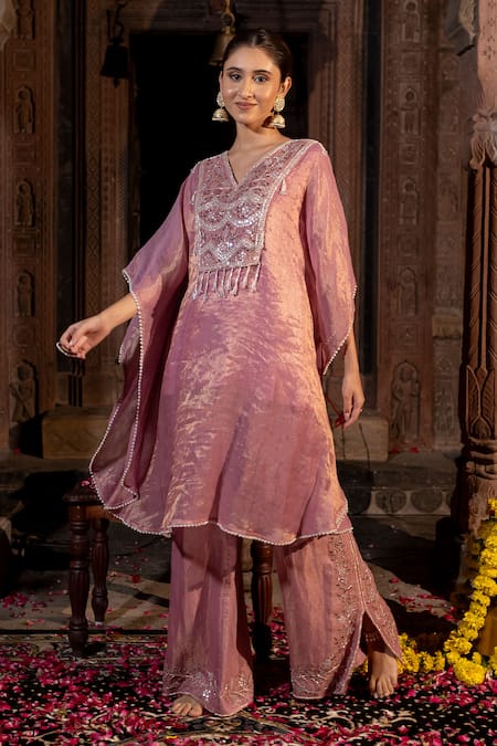 Farha Syed Geometric Yoke Embroidered Kaftan & Pant Set 