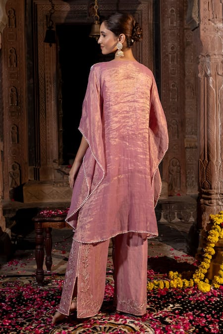 Shop_Farha Syed_Pink Chanderi Silk, Taffeta Cut Work, Geometric Yoke Kaftan And Pant Set _at_Aza_Fashions