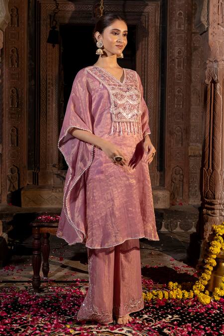 Farha Syed_Pink Chanderi Silk, Taffeta Cut Work, Geometric Yoke Kaftan And Pant Set _Online_at_Aza_Fashions