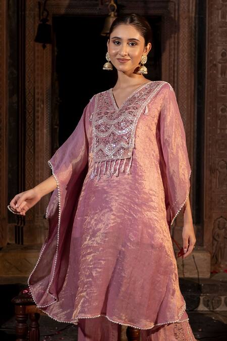 Buy_Farha Syed_Pink Chanderi Silk, Taffeta Cut Work, Geometric Yoke Kaftan And Pant Set _Online_at_Aza_Fashions