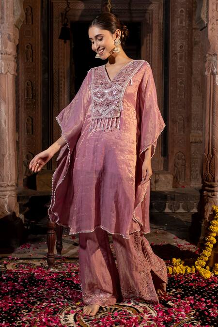 Shop_Farha Syed_Pink Chanderi Silk, Taffeta Cut Work, Geometric Yoke Kaftan And Pant Set _Online_at_Aza_Fashions