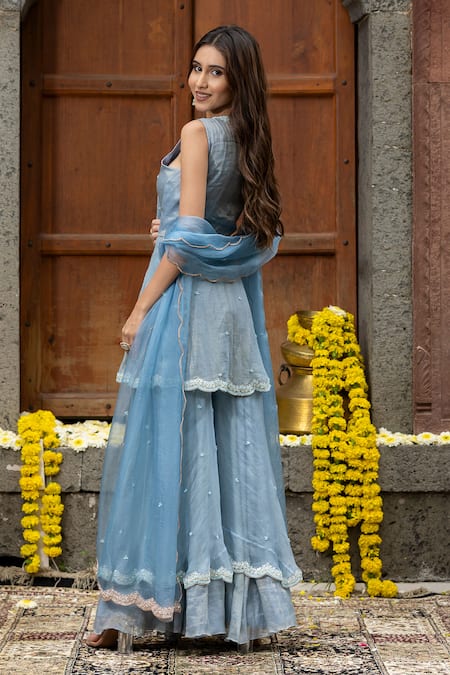 Shop_Farha Syed_Blue Chanderi Silk, Organza, Scallop Embroidered Peplum Kurta Sharara Set _at_Aza_Fashions