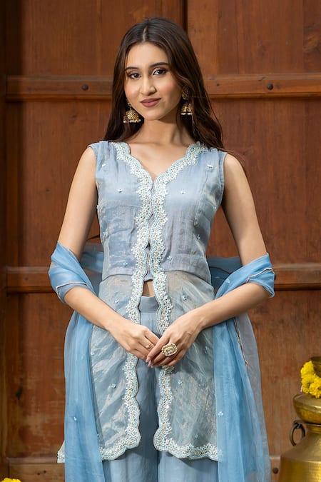 Buy_Farha Syed_Blue Chanderi Silk, Organza, Scallop Embroidered Peplum Kurta Sharara Set _Online_at_Aza_Fashions