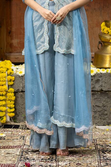 Shop_Farha Syed_Blue Chanderi Silk, Organza, Scallop Embroidered Peplum Kurta Sharara Set _Online_at_Aza_Fashions