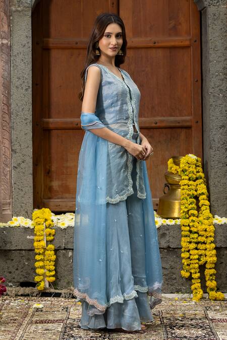 Farha Syed_Blue Chanderi Silk, Organza, Scallop Embroidered Peplum Kurta Sharara Set _at_Aza_Fashions