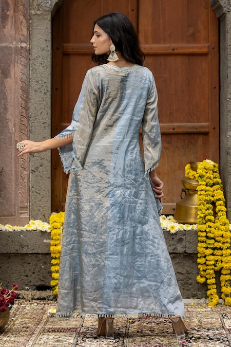 Shop_Farha Syed_Blue Chanderi, Satin, Zardozi Placket Embroidered Kaftan And Dhoti Pant Set _at_Aza_Fashions