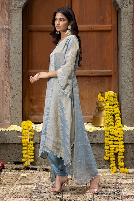Buy_Farha Syed_Blue Chanderi, Satin, Zardozi Placket Embroidered Kaftan And Dhoti Pant Set _Online_at_Aza_Fashions