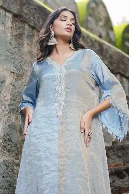 Shop_Farha Syed_Blue Chanderi, Satin, Zardozi Placket Embroidered Kaftan And Dhoti Pant Set _Online_at_Aza_Fashions