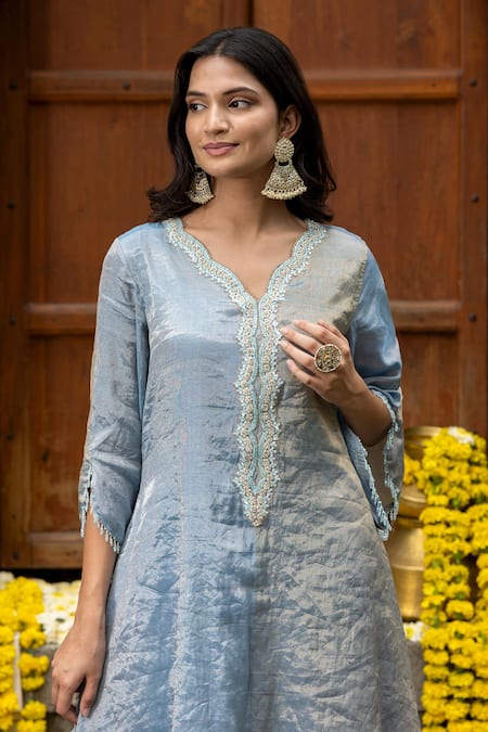Farha Syed_Blue Chanderi, Satin, Zardozi Placket Embroidered Kaftan And Dhoti Pant Set _at_Aza_Fashions