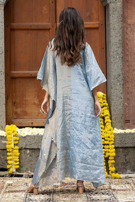 Shop_Farha Syed_Blue Chanderi, Taffeta Cut Work, Embroidery Scoop Neck Sequin Neckline Kaftan _at_Aza_Fashions