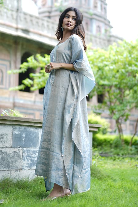 Farha Syed_Blue Chanderi, Taffeta Cut Work, Embroidery Scoop Neck Sequin Neckline Kaftan _Online_at_Aza_Fashions