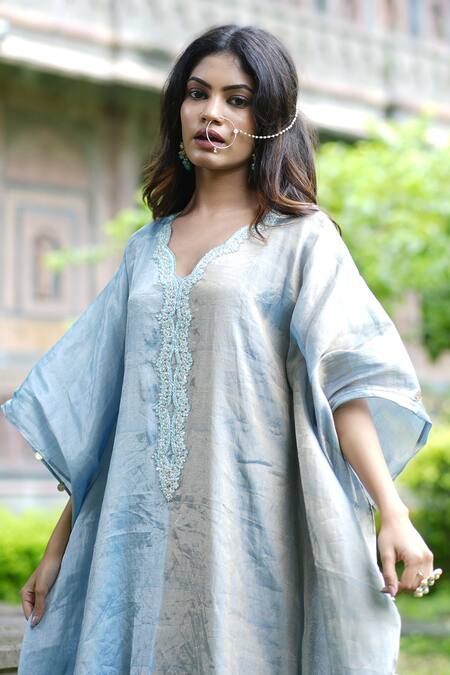 Buy_Farha Syed_Blue Chanderi, Taffeta Cut Work, Embroidery Scoop Neck Sequin Neckline Kaftan _Online_at_Aza_Fashions