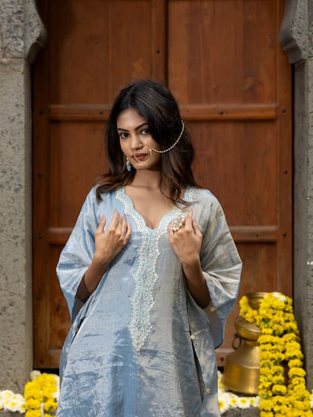 Shop_Farha Syed_Blue Chanderi, Taffeta Cut Work, Embroidery Scoop Neck Sequin Neckline Kaftan _Online_at_Aza_Fashions