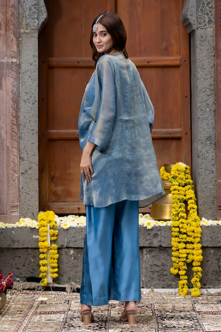 Shop_Farha Syed_Blue Tissue, Georgette Cut Work, Yoke Embroidered Kaftan Tunic And Pant Set _at_Aza_Fashions