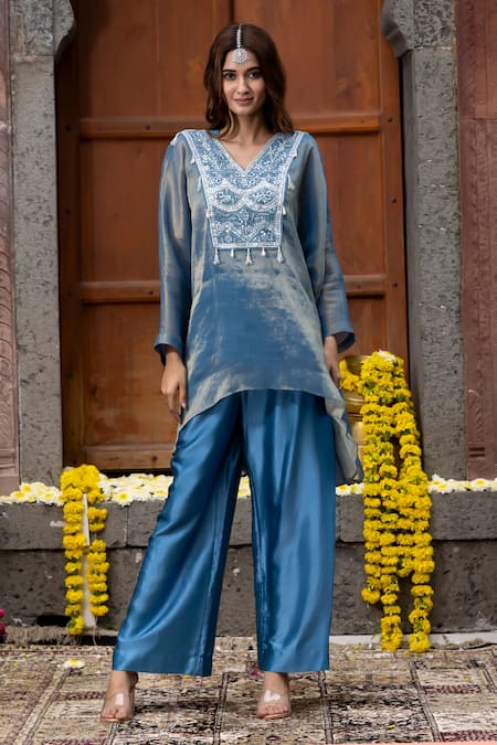 Farha Syed_Blue Tissue, Georgette Cut Work, Yoke Embroidered Kaftan Tunic And Pant Set _Online_at_Aza_Fashions