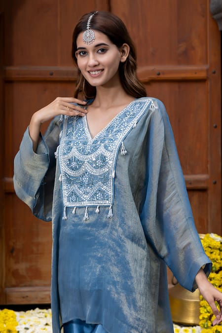 Shop_Farha Syed_Blue Tissue, Georgette Cut Work, Yoke Embroidered Kaftan Tunic And Pant Set _Online_at_Aza_Fashions