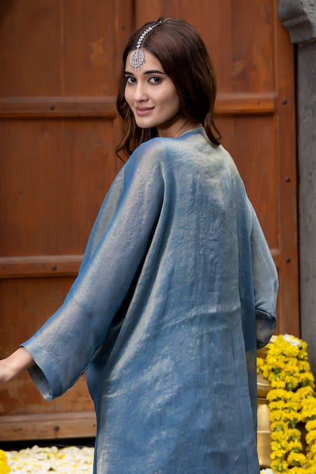 Farha Syed_Blue Tissue, Georgette Cut Work, Yoke Embroidered Kaftan Tunic And Pant Set _at_Aza_Fashions