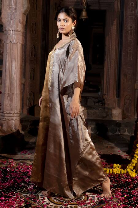Buy_Farha Syed_Grey Chanderi, Taffeta Zari, Sequins Scoop Cutdana Neckline Embroidered Kaftan _Online_at_Aza_Fashions