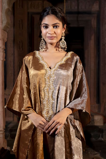 Shop_Farha Syed_Grey Chanderi, Taffeta Zari, Sequins Scoop Cutdana Neckline Embroidered Kaftan _Online_at_Aza_Fashions