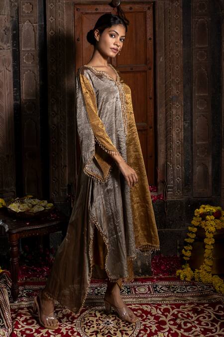 Farha Syed_Grey Chanderi, Satin, Cutdana Neckline Embroidered Kaftan And Dhoti Pant Set _Online_at_Aza_Fashions