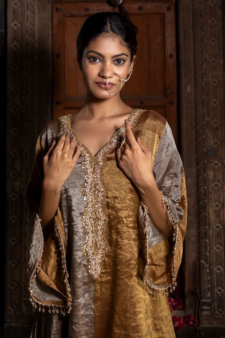 Buy_Farha Syed_Grey Chanderi, Satin, Cutdana Neckline Embroidered Kaftan And Dhoti Pant Set _Online_at_Aza_Fashions