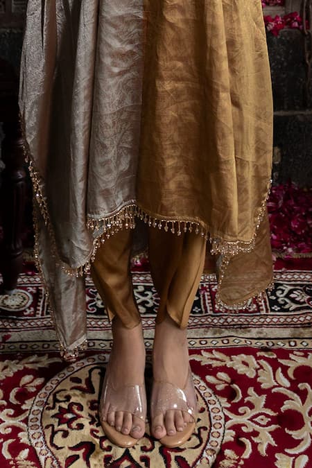 Shop_Farha Syed_Grey Chanderi, Satin, Cutdana Neckline Embroidered Kaftan And Dhoti Pant Set _Online_at_Aza_Fashions