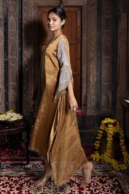 Farha Syed_Grey Chanderi, Satin, Cutdana Neckline Embroidered Kaftan And Dhoti Pant Set _at_Aza_Fashions