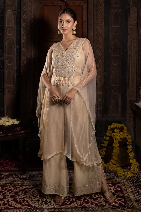 Farha Syed Ivory Pant And Bustier Chanderi Silk Tissue Embroidery Geometric Kaftan & Set 